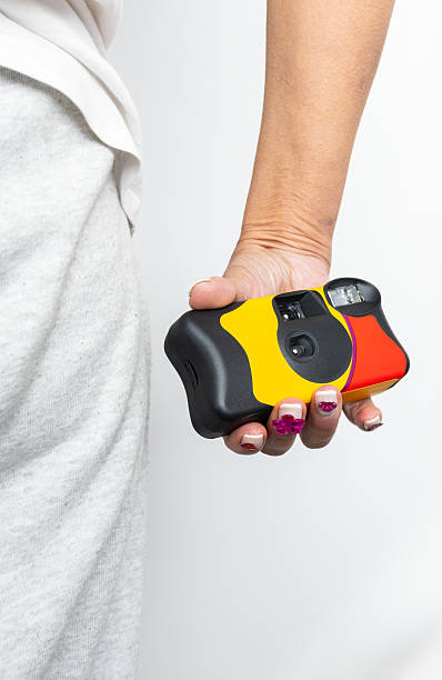 Woman holding a vibrant, colorful disposable film camera, poised to capture cherished memories against a clean white background, embodying a sense of nostalgia and fun