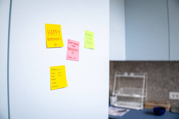 Colorful sticky notes on a kitchen wall capture important reminders and cheerful messages for daily motivation