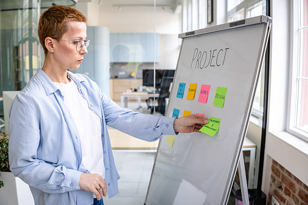 istock Creative professional organizes ideas on a whiteboard with colorful sticky notes in a bright office environment 2208503309