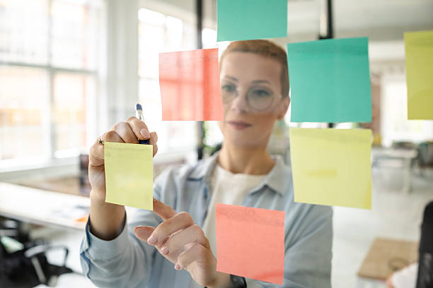 istock Creative professional organizing colorful sticky notes for brainstorming ideas in a modern office 2208503342