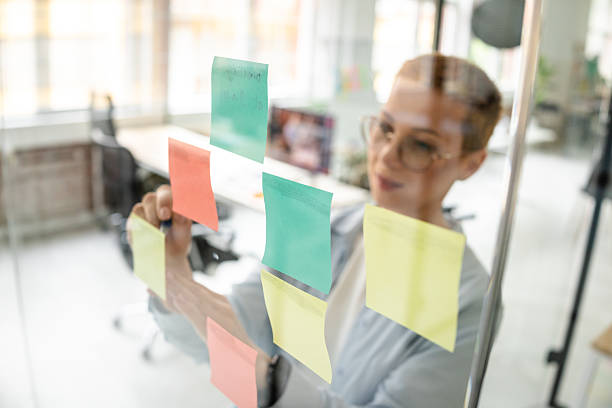 istock Creative professional organizing ideas with colorful sticky notes in modern office 2208503391