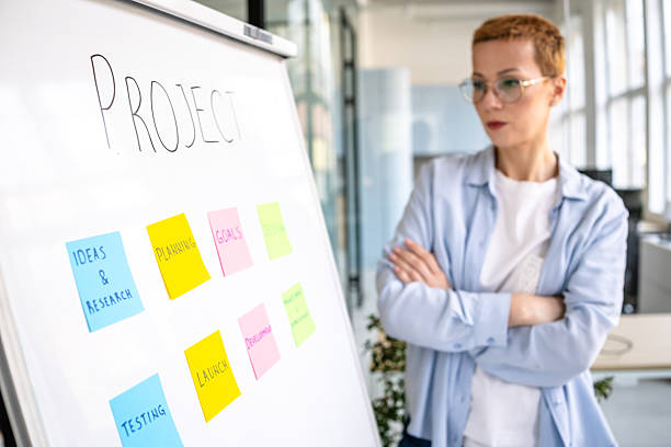 istock Creative professional strategizes with sticky notes on a project board in a modern office space 2208503497