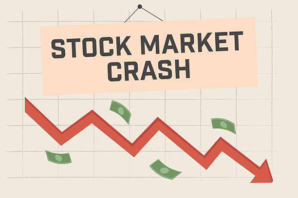 ilustraciones, imágenes clip art, dibujos animados e iconos de stock de caída del mercado de valores con una flecha hacia abajo y caída de dinero, declive financiero. - caída de la bolsa de acciones