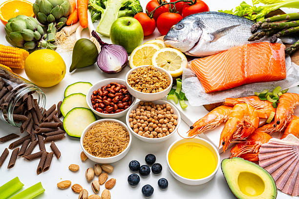 istock Pescatarian food: group of plant based ingredients, fish and other seafood. 2208512314