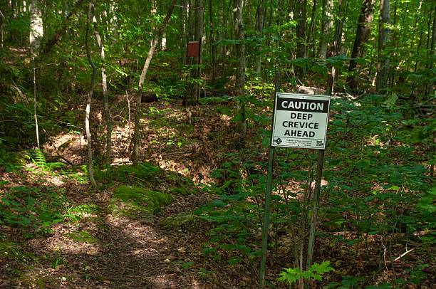 istock Caution Sign in Forest Warning About A Dangerous Deep Crevice 2208517236