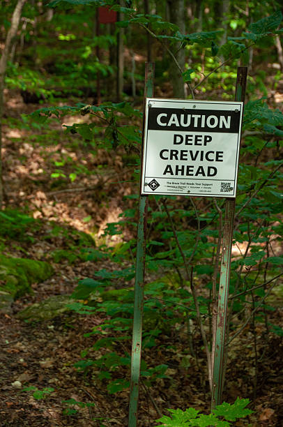istock Caution Sign in Forest Warning About A Dangerous Deep Crevice 2208517242
