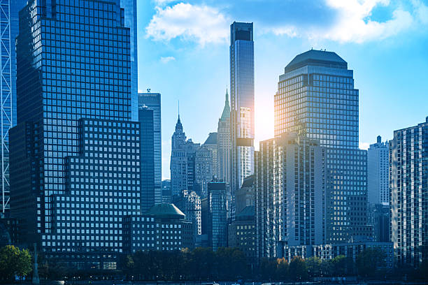 Skyscrapers of Lower Manhattan Against Clear Blue Sky