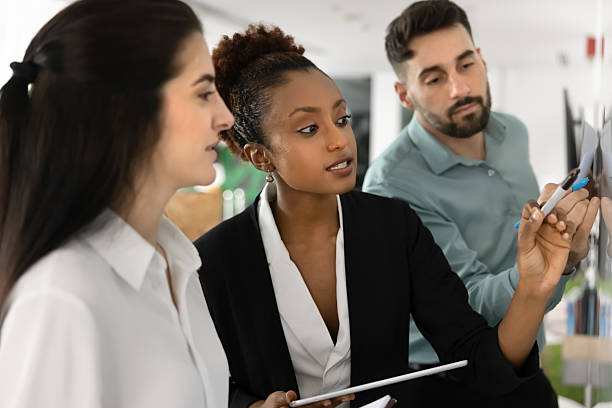istock Focused businesswoman presenting project plan on board to team 2208525444