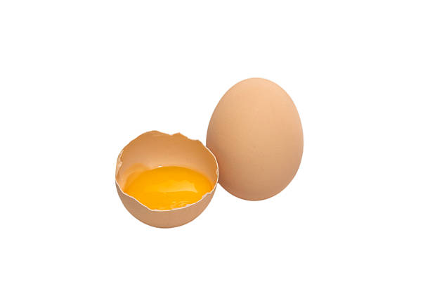 Light brown organic raw chicken egg with yolk isolated on white background.