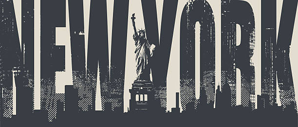 Vector banner or card with famous American Statue of Liberty against skyscrapers silhouettes of New York sity landscape. Decorative illustration of US landmark ingrunge  style with New York inscription