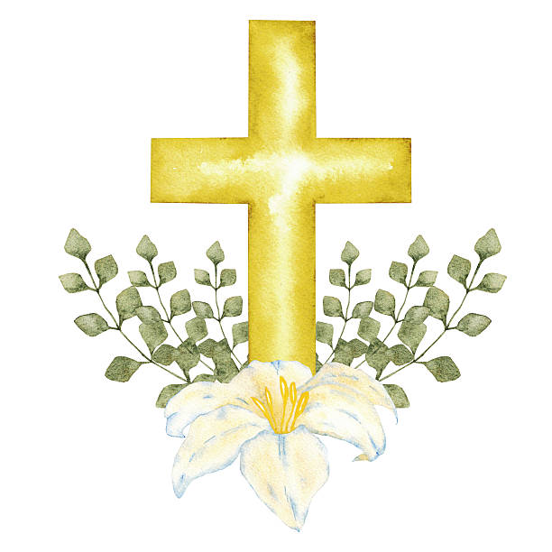 istock Golden cross decorated with white lily and green leaves. Catholic religious symbols. For first communion, wedding, baprism greeting card, invitation. Watercolor illustration. Hand drawn. Isolated 2208538646