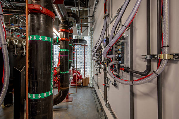 HVAC pump room with pressure vessels and chemical mixer tubing.