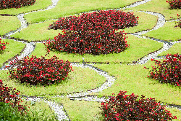 Bratislava Castle, Slovakia, October, 29, 2025. Formal public parterre garden at the rear of castle. Abstract symmetrical pattern. Autumn day outdoors. Incidental people