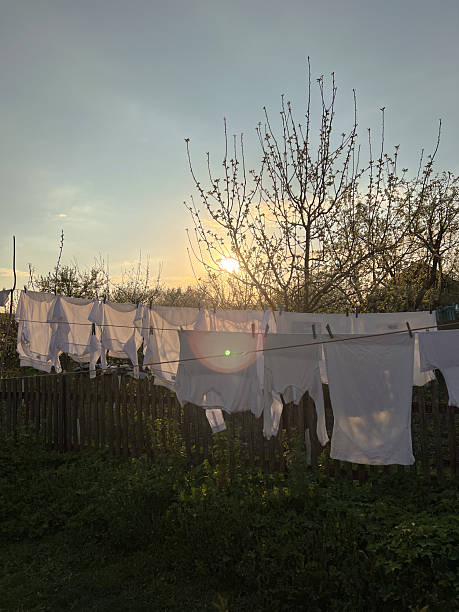 A stunning and tranquil sunset scene that showcases freshly washed clothing swaying gently on a clothesline