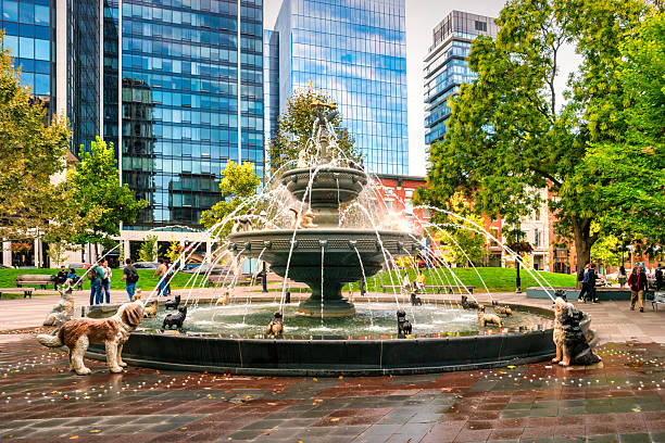 Berczy Park fountain in downtown Toronto, Ontario, Canada on a cloudy day.