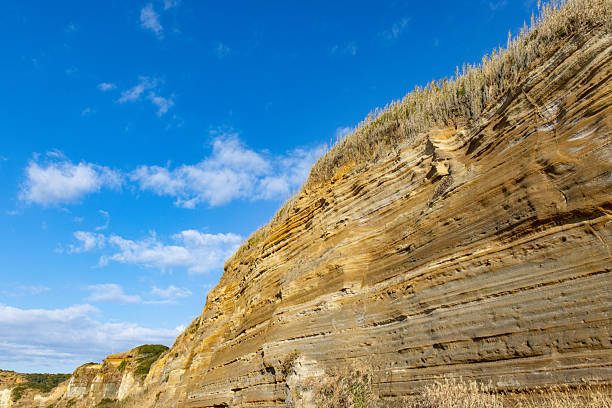 Tranquil shoreline with sandy beach, eroding cliffs, and calm sea under a blue sky.