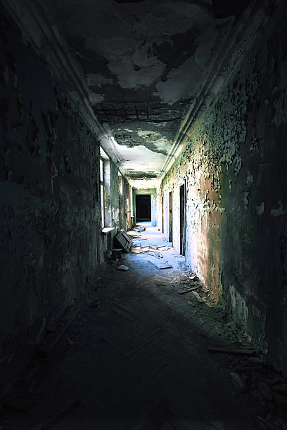 istock Dark abandoned hallway peeling paint and debris, spooky atmosphere, horror vibe, post-apocalyptic concept, mystery location, haunted building 2208576697