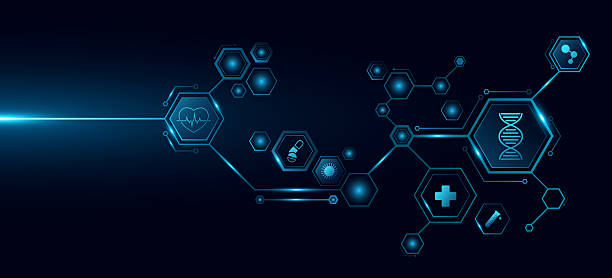 istock Medical technology background. Glowing connected hexagons with health care icons on dark blue backdrop. Digital health insurance concept and access to welfare. Vector illustration 2208579472