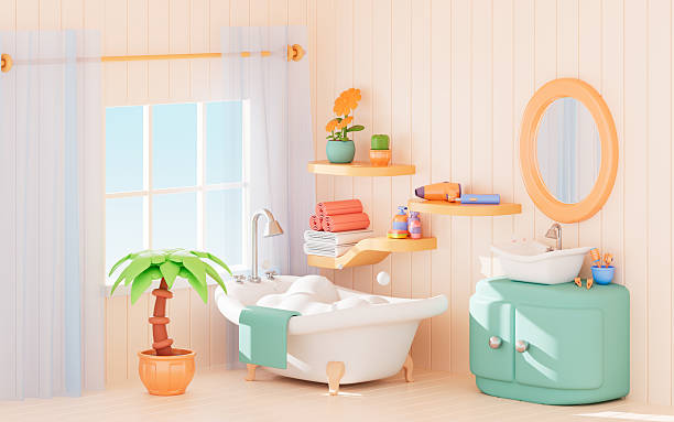 istock Cartoon bathroom model with bathtub, 3d rendering. 2208580642
