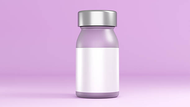 istock Realistic Glass Bottle with silver cap and capsules 3D Render Mockup 2208585225