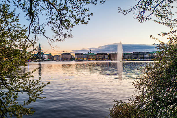 This serene photograph captures the stunning view of the Alster Lake in Hamburg, Germany, as the sun sets behind the skyline. A beautiful fountain rises from the water, adding a graceful touch to the cityscape. The buildings on the horizon reflect the soft golden tones of the sunset, while the lush greenery on the tree branches frames the scene, creating a peaceful atmosphere. The calm water surface perfectly mirrors the scenery, enhancing the beauty of this tranquil moment by the lake.