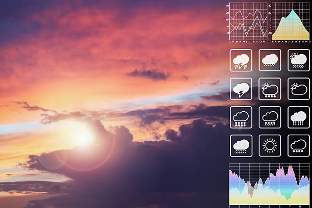 istock Environment data weather symbol forecast for meteorology presentation and report background on dramatic twilight sky and storm clouds with sunrise ray view from aircraft. 2208597130