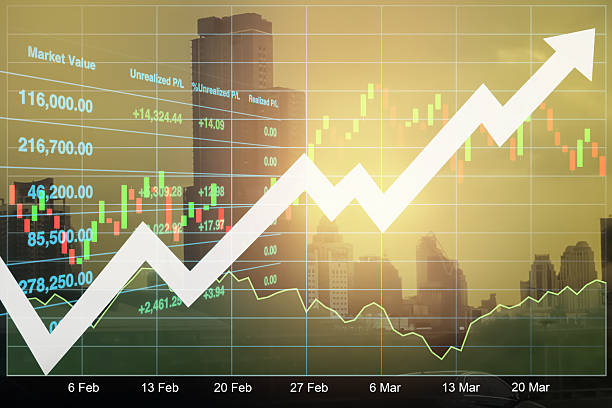 istock Stock financial index data forecast with silhouette architectural building and tower cranes with graph and charts on summer morning sunrise for business presentation background. 2208597148