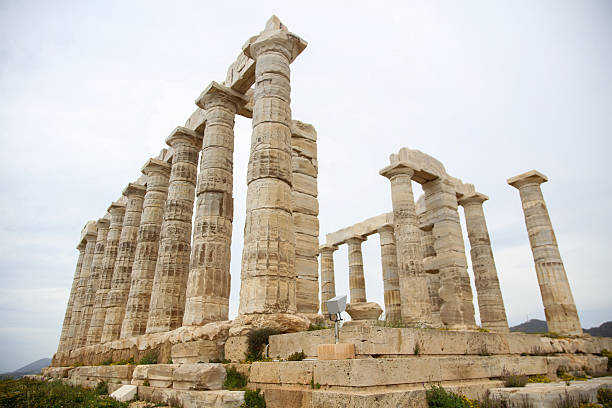 Cape Sounio, Poseidon temple archaeological site, Attica, Greece. Cloudy sky