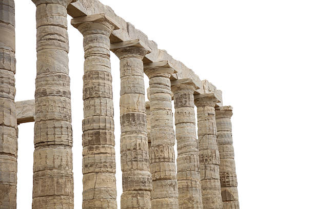 Cape Sounio, Poseidon temple column remains isolated on white sky. Attica, Greece.