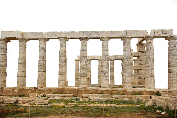 Cape Sounio, Poseidon temple column remains isolated on white sky. Attica, Greece.