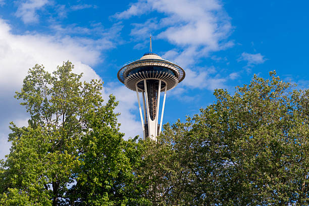 Seattle, Washington, USA - July 26, 2024: Seattle landmark. Space Needle observation tower. Modern Seattle architectural landmark. Architecture of Space needle. Tower architecture landmark.