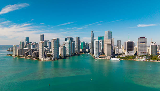 Panoramic modern architecture in Miami downtown, Florida. Miami skyline panoramic view. Aerial view of cityscape with skyscraper in Brickell Key, United States. Downtown Brickell Miami