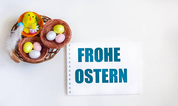 Easter greeting card in German - Frohe Ostern - Nest with Easter eggs on a white background