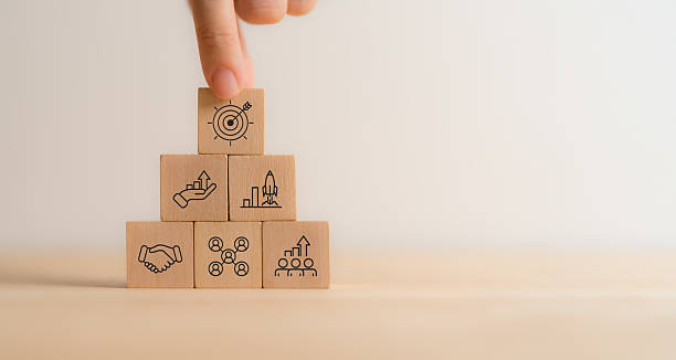 istock Business strategy concept. Wooden blocks with icons representing business strategy elements; teamwork, partnership, innovation and technology, target and growth. Business goal acheivement. 2208615541