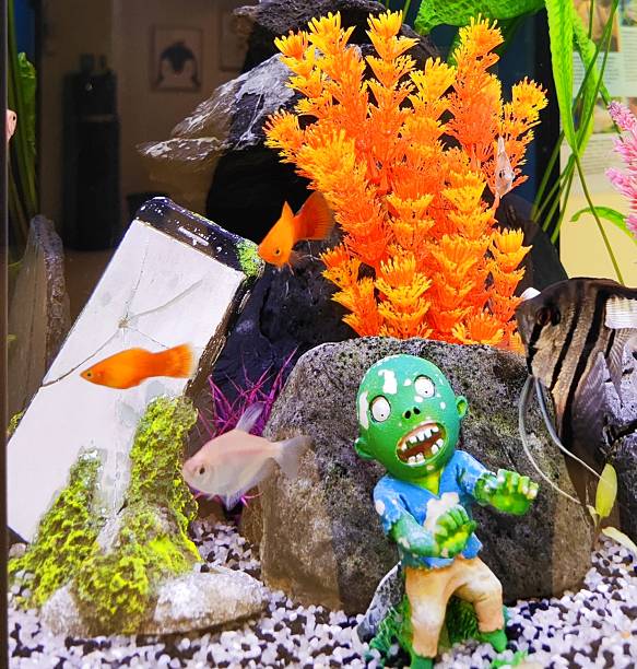 The image displays a vibrant aquarium featuring colorful fish swimming among artificial decorations. Key elements include bright orange coral, moss-covered green rocks, and a distinctive figurine of a green zombie dressed in a blue shirt and beige pants. Unusually, a cracked smartphone is positioned submerged near the decorative rocks. The surrounding water is clear, showcasing detailed aquatic plants and design features
