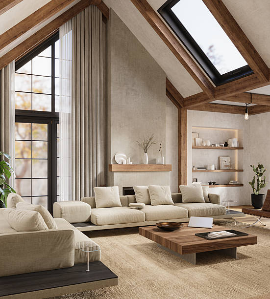 istock Warm rustic living room with high ceilings, soft lighting, and comfy furniture, 3d rendering 2208619402