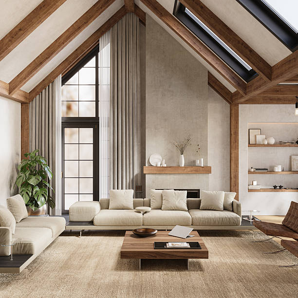 istock Warm rustic living room with high ceilings, soft lighting, and comfy furniture, 3d rendering 2208619403