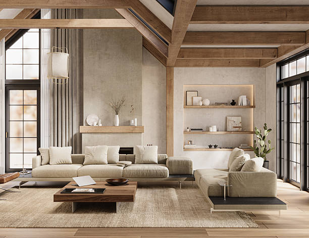 istock Warm rustic living room with high ceilings, soft lighting, and comfy furniture, 3d rendering 2208619404
