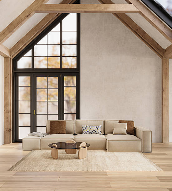 istock Warm rustic living room with high ceilings, soft lighting, and comfy furniture, 3d rendering 2208619416