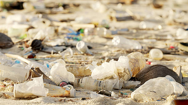 istock Ocean trash and sea pollution contaminating seashore, beach polluted 2208620686