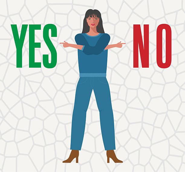 Uncertain woman choosing between YES or NO. Vector illustration. Uncertain woman choosing between YES or NO. Confusion an uncertainity in choice. yes no icon stock illustrations