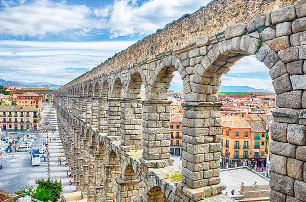 View of the 1000 year old roman aqueduct from below, Segovia, Spain