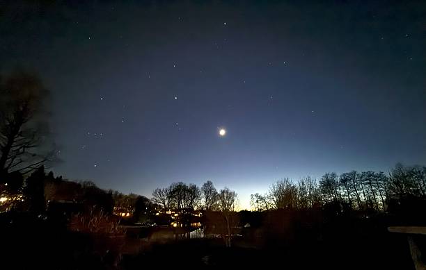 Venus and Starry Night Sky Reflecting Over Serene Lakeside with Trees