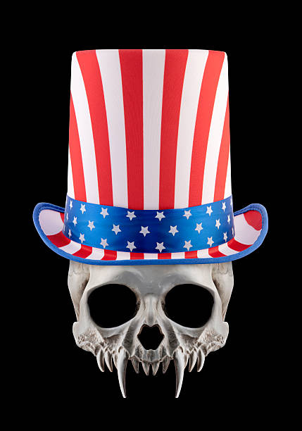 Vampire skull with extra tall American hat isolated on white background