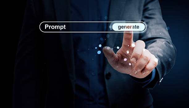 istock Businessman touching virtual generate prompt button with glowing particles on dark background, representing futuristic digital technology concept. 2208635970
