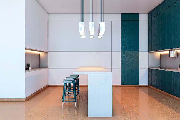 Contemporary kitchen interior with teal wood cabinets, sleek island, pendant lighting and tiled flooring. 3D Rendering