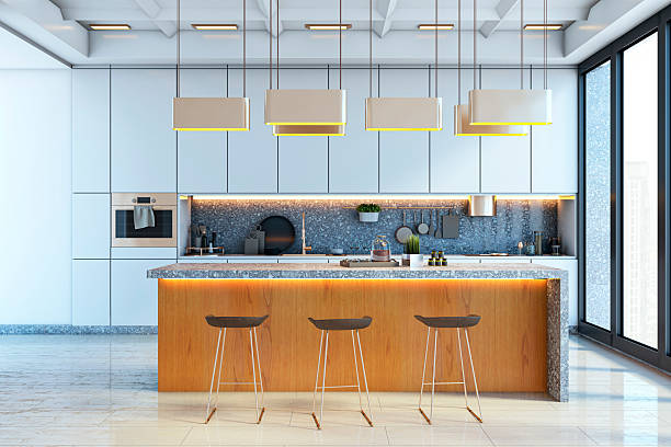 istock Modern minimalist kitchen interior with wood island, pendant lighting, marble surfaces, and panoramic city view through large glass windows. 3D Rendering 2208636395