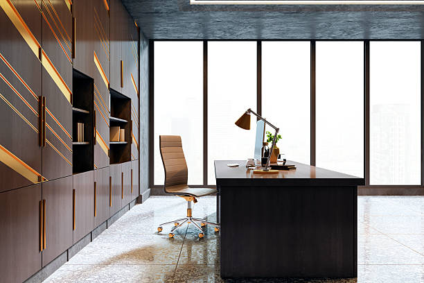 istock Modern executive office interior with large windows, sleek furniture, and stylish wall design in a high-rise building environment. 3D Rendering 2208636399