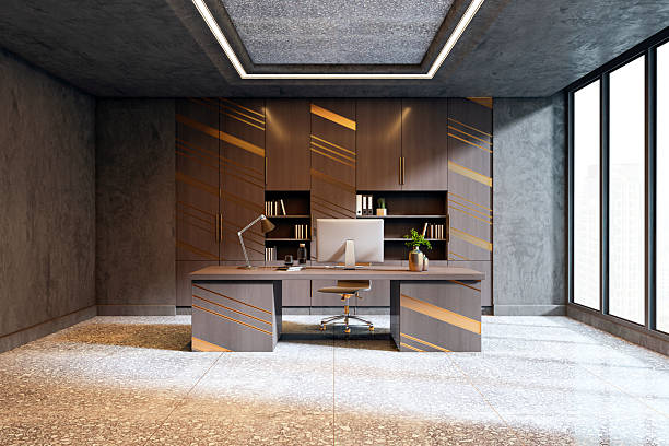 istock Modern luxury executive office interior with geometric wood details, terrazzo floor, and panoramic city view windows in clean corporate space. 3D Rendering 2208636400