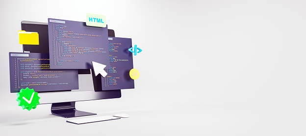 3d Rendering Of Computer Monitor With Floating Html Javascript And ...